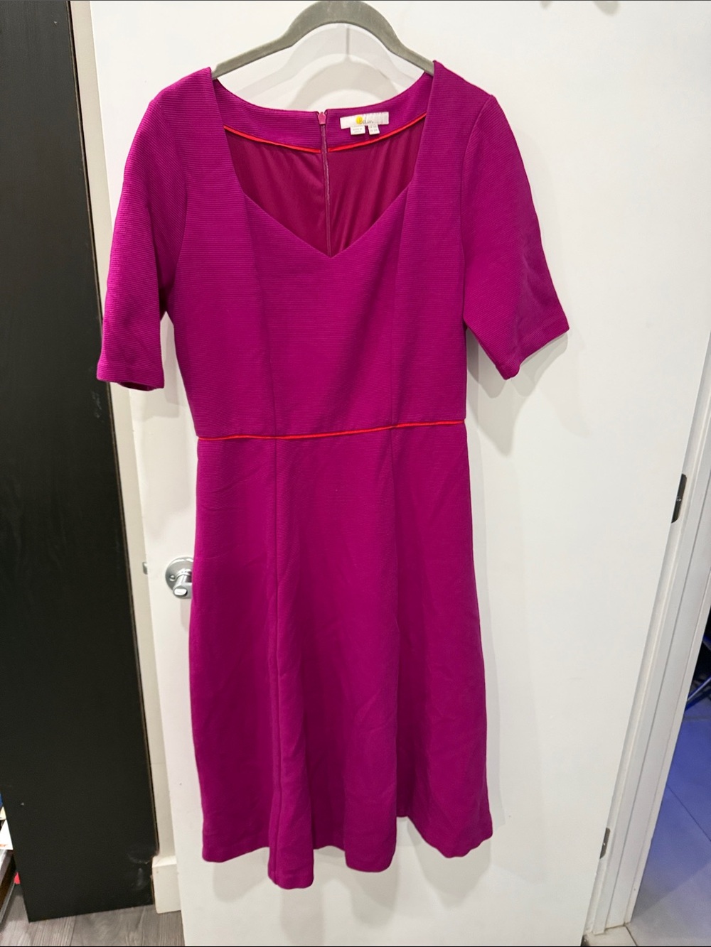 Boden Magenta V-Neck Midi Fit and Flare Dress with Contrast Piping